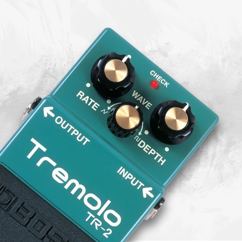 Liquid Audio Boss TR-2 Tremolo Pedal Bundle w/ 2-Pack Strukture S6P48 Woven Right Angle Patch Cable, 12-Pack Guitar Pick, 9V Power Adapter and Polishing Cloth - Image 4